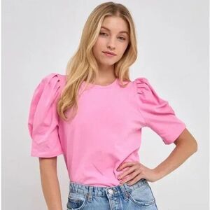 English Factory Shirt Womens Large Pink Puff Sleeve 100% Cotton Crewneck Top